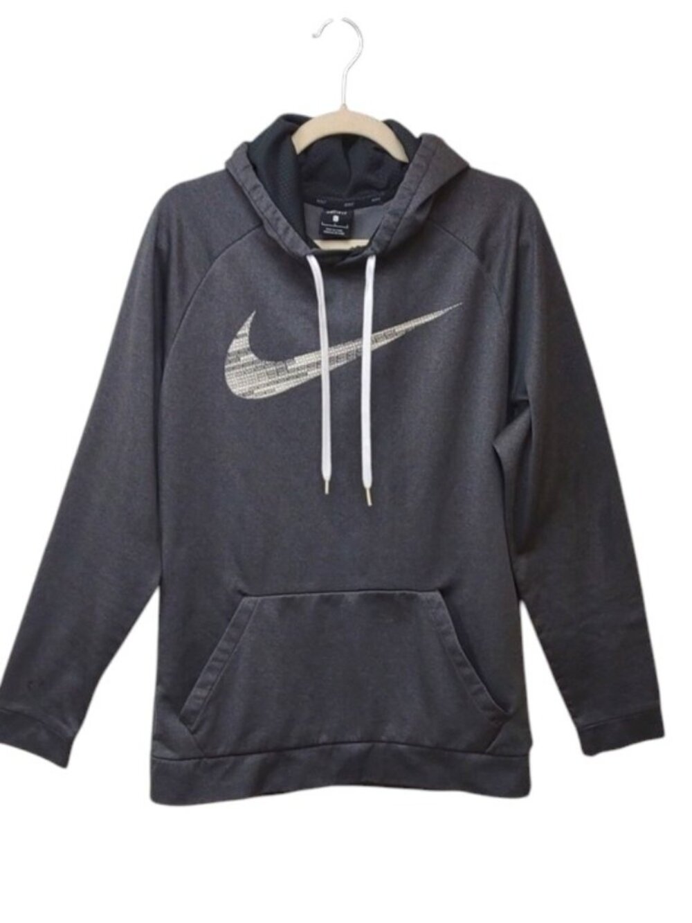 Nike Men Dri-Fit Dark Gray Pullover Hoodie Big White Swoosh Smaller Graphic Text